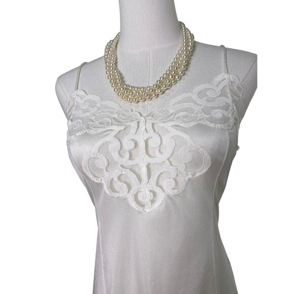Vintage 60s Euro White Satin Nylon Scallop Lace Mini Slip Dress Women’s Size S - Picture 5 of 9